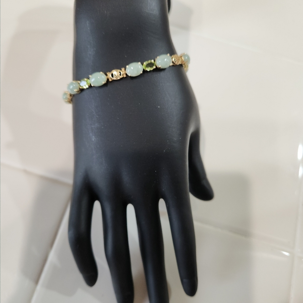 Vintage 14k Yellow Gold Jade & Peridot Chinese Character Tennis Bracelet 7.5 - Picture 2 of 9